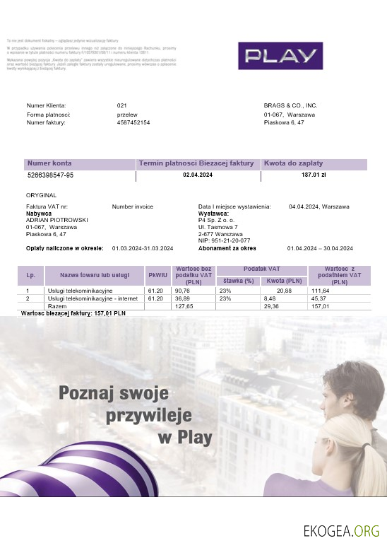 Modèle de facture de services publics pour les entreprises Pologne Play au format Word et PDF